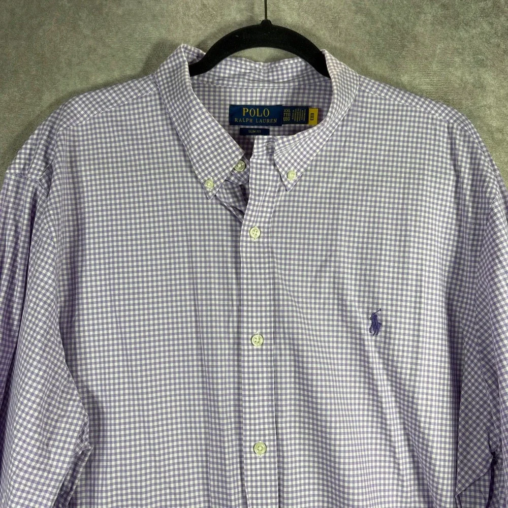Polo Ralph Lauren Button Down Shirt Mens XXL Purple Gingham Slim Fit Stretch